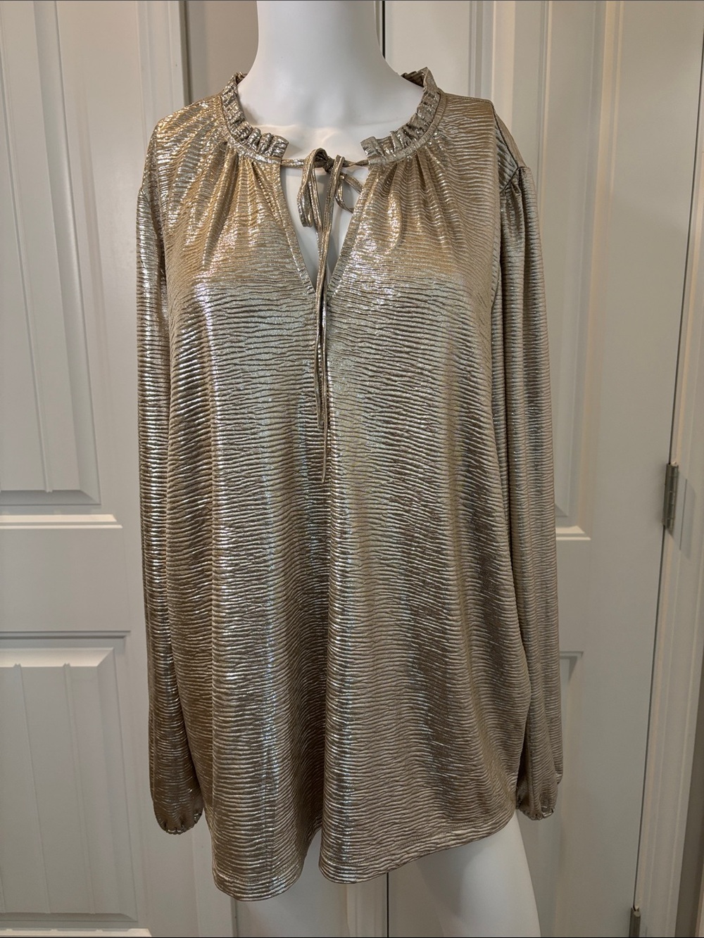 LOFT Shimmery Gold Tie-Neck Long Sleeve Blouse Size XL